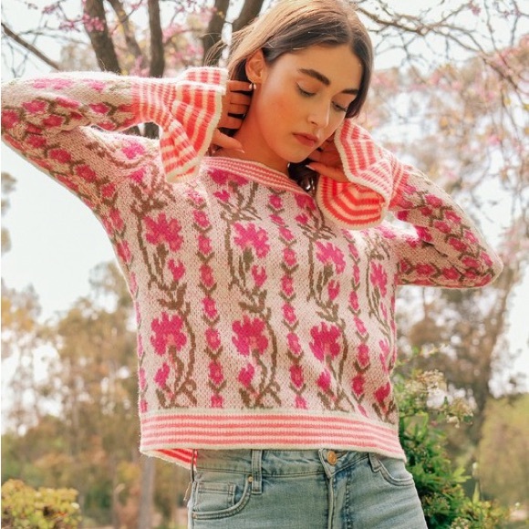 Fuchsia pink floral intarsia Puff striped Sleeve boho bohemian ribbed sweater - Picture 9 of 12